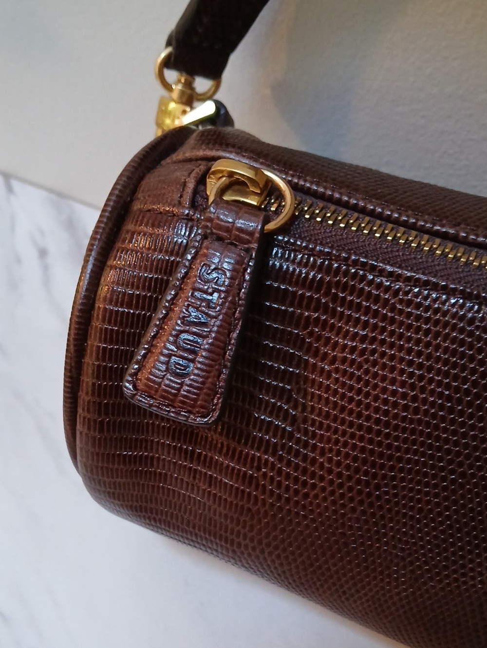 STAUD Susy Lizard Embossed Leather Barrel Shoulder Bag - Picture 5 of 16